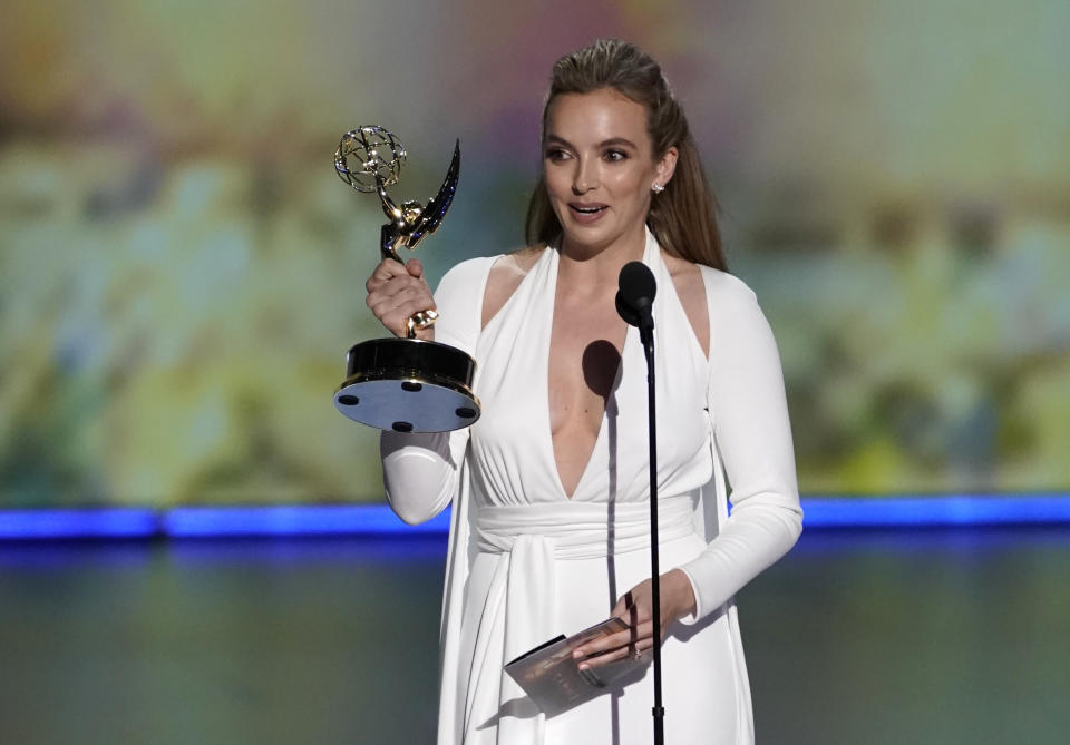 71st Primetime Emmy Awards - Show - Los Angeles, California, U.S., September 22, 2019. Jodie Comer accepts the award for Outstanding Lead Actress in a Drama Series for "Killing Eve." REUTERS/Mike Blake