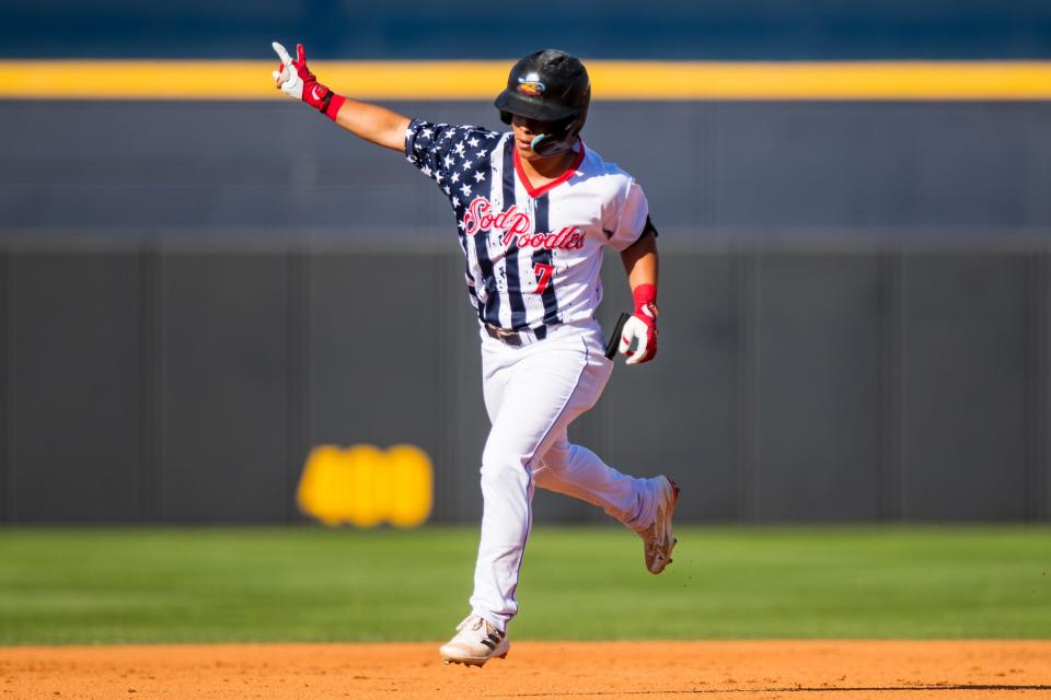 Amarillo Sod Poodles outfielder Jorge Barrosa (7) against the Northwest Arkansas Naturals on Sunday, July 3, 2022, at HODGETOWN in Amarillo, Texas.