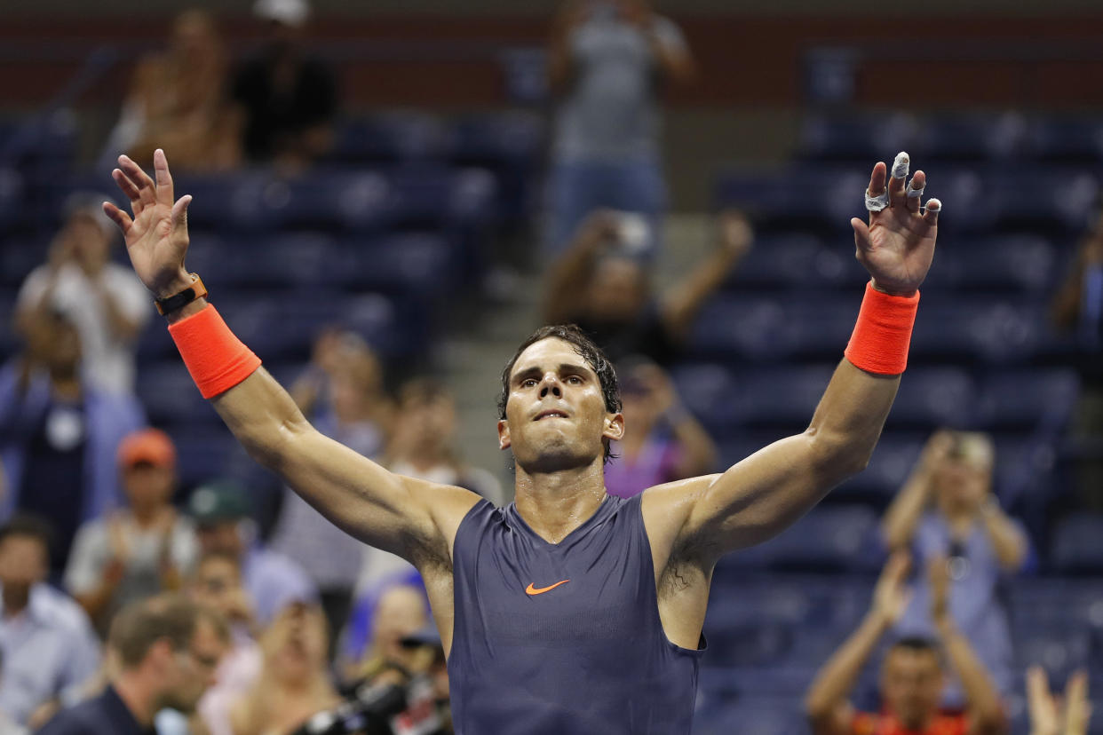 It took almost five hours, but Rafael Nadal was able to squeak by Dominic Thiem in five-set thriller at the U.S. Open. (AP Foto/Adam Hunger)