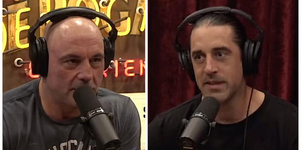 Side-by-side screenshots show Joe Rogan speaking into a mic and Aaron Rodgers speaking into a mic during a podcast.