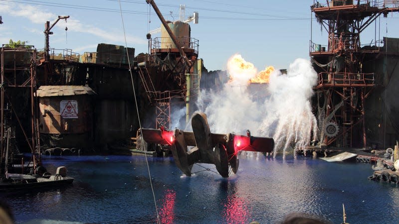 A different scene from the “Waterworld: A Live Sea War Spectacular” stunt show at Universal Studios Hollywood