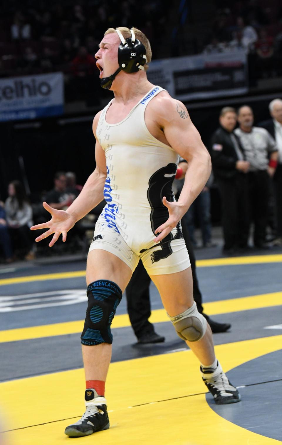 Springboro's Matt Kowalski celebrates his 190-pound championship victory at the 2024 OHSAA DI Wrestling State Tournament, Columbus, Ohio, March 10.