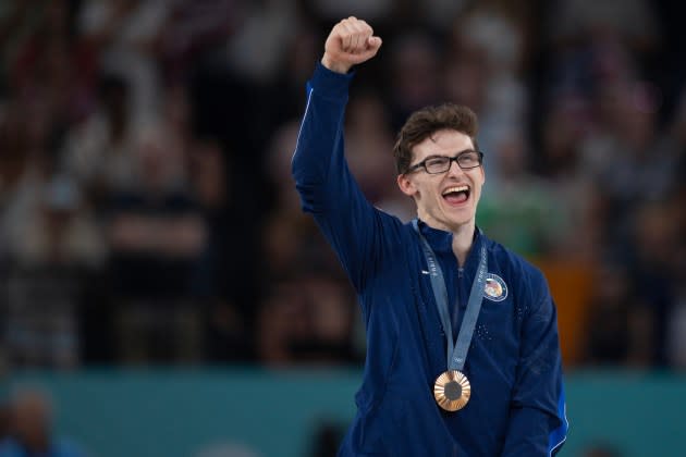 Stephen Nedoroscik of the United States celebrates his bronze medal win in the Pommel Horse Final during Artistic Gymnastics, Mens Pommel Horse Final on August 3rd, 2024 in Paris, France. - Credit: Tim Clayton/Corbis via Getty Images