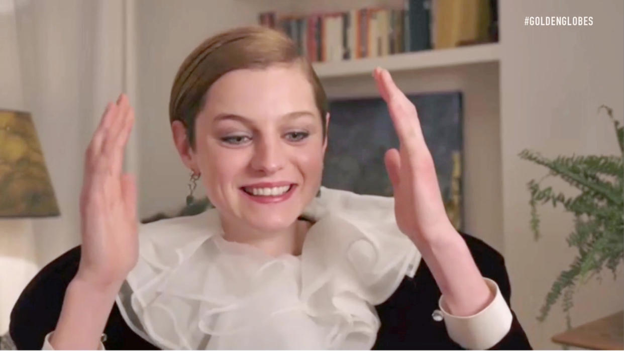 UNSPECIFIED: 78th Annual GOLDEN GLOBE AWARDS -- Pictured in this screengrab released on February 28, (l-r) Emma Corrin, winner of Best Performance by an Actress in a Television Series – Drama for 