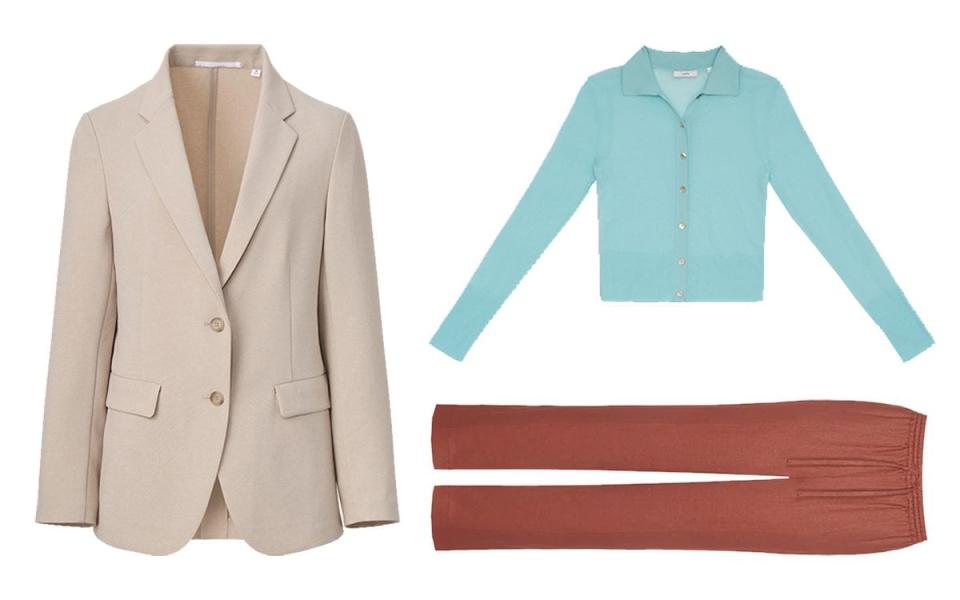 Ultra light jacket, £59.90, Uniqlo; Linen trousers, £295, Asceno; Ribbed cardigan, £275, Vince