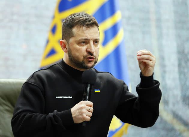 Ukrainian President Volodymyr Zelenskyy answers journalists' questions during a news conference in Kyiv on the anniversary of the start of Russia's war against Ukraine.