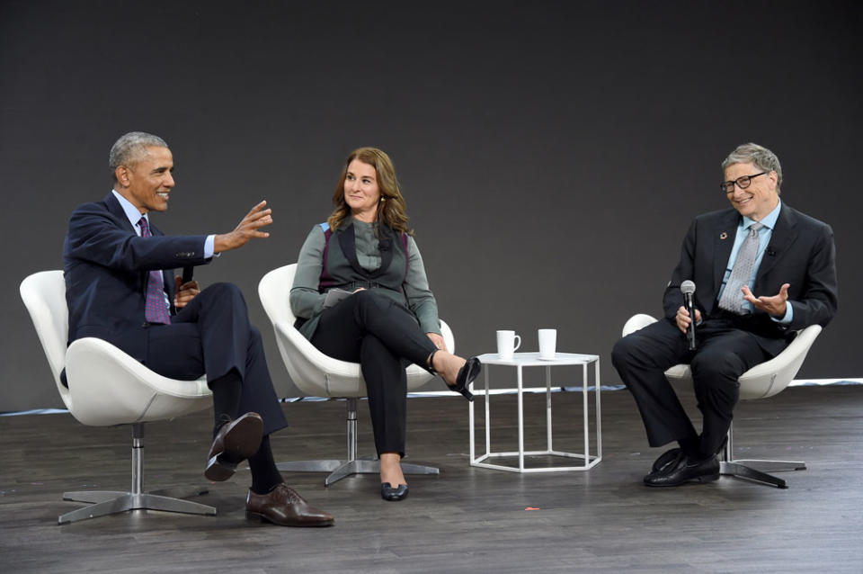 President Barack Obama, Melinda Gates and Bill Gates at a 2017 event. (Jamie McCarthy/Getty Images)