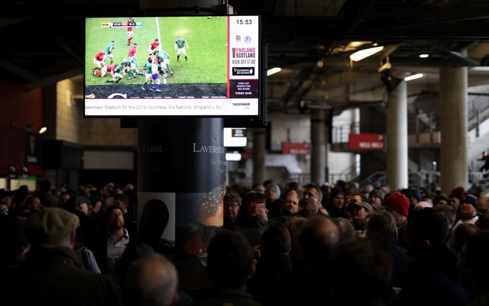 Football might follow the lead of other sports such as rugby (pictured) in broadcasting matches from other grounds in the stadium's concourse - PA