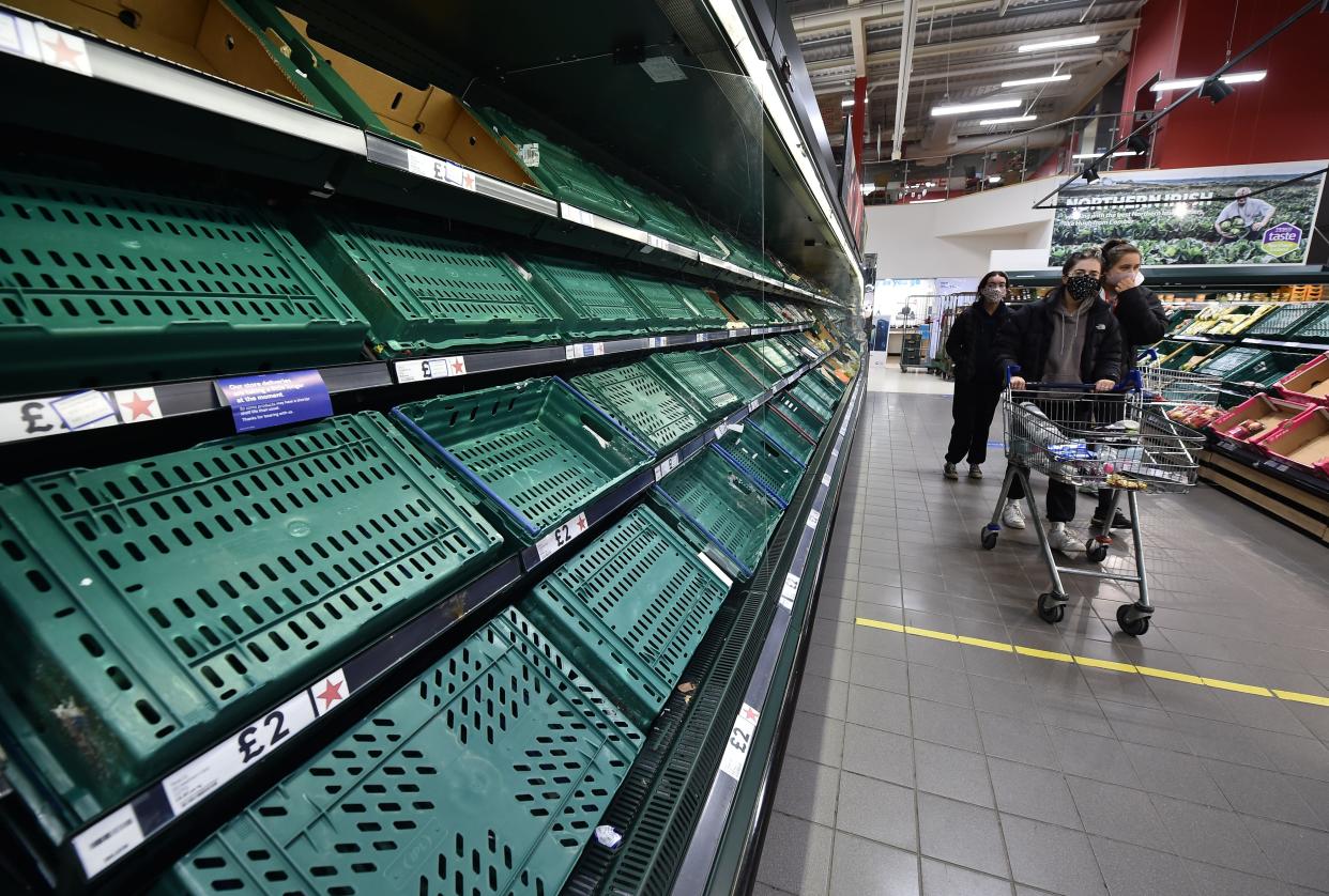 Supermarkets in Northern Ireland have struggled with supply issues since Boris Johnson’s Brexit deal came into force on 1 January - but the problem is expected to worsen when the grace period ends. (Getty Images)