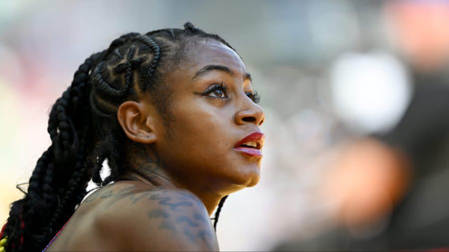 Sha’Carri Richardson of Team United States looks on in the Women’s 200m Heats during day five of the World Athletics Championships Budapest 2023 at National Athletics Centre on August 23, 2023 in Budapest, Hungary. (Photo by Hannah Peters/Getty Images)