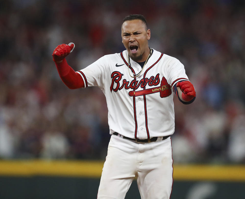 Atlanta Braves second baseman Orlando Arcia hits a walk off single to beat the San Francisco Giants 2-1 during the ninth inning of a baseball game on Monday, June 20, 2022, in Atlanta. (Curtis Compton/Atlanta Journal-Constitution via AP)