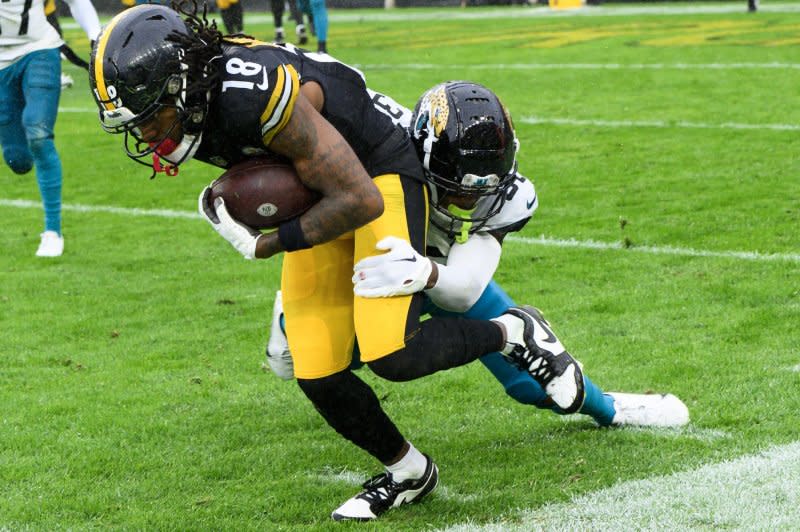 Wide receiver Diontae Johnson (L) appeared in 77 games for the Pittsburgh Steelers. File Photo by Archie Carpenter/UPI