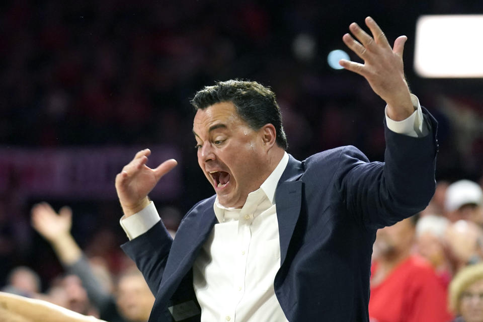 Arizona head coach Sean Miller reacts during the first half of an NCAA college basketball game against Colorado, Saturday, Jan. 18, 2020, in Tucson, Ariz. (AP Photo/Rick Scuteri)