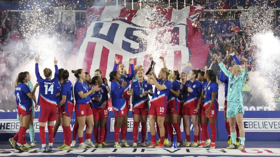 US players celebrate winning the SheBelieves Cup. - Jason Mowry/Getty Images