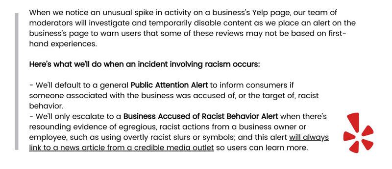 Yelp推出「企業被控種族主義行為警報」，旨在保護消費者並提醒企業注意其不當種族行為。(圖／翻攝自Yelp官方部落格)
