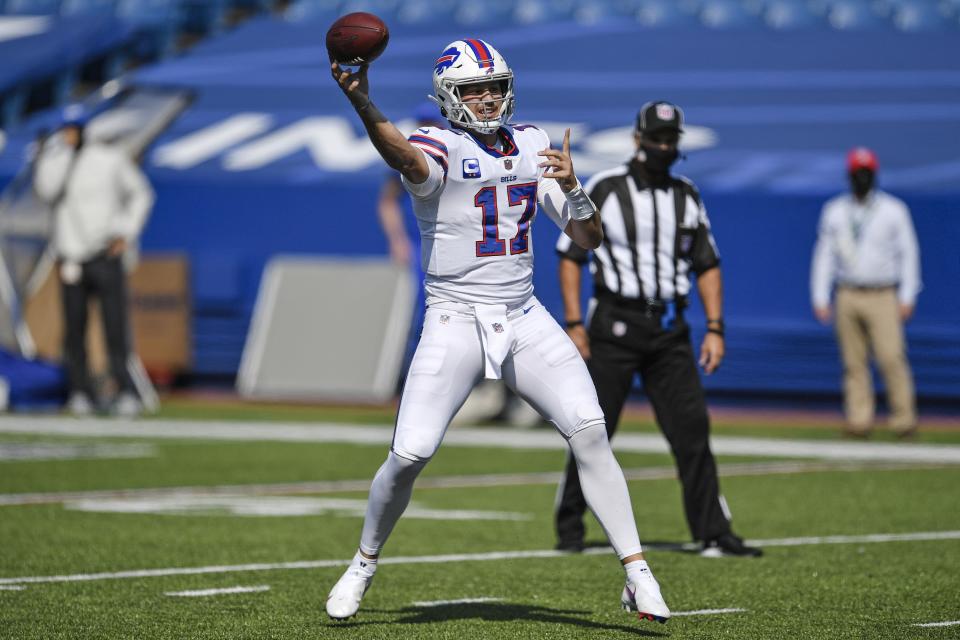 Josh Allen led the Bills on a game-winning touchdown drive to escape an embarrassing blown lead against the Rams. (AP Photo/Adrian Kraus)