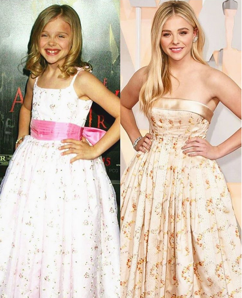 Rückblick ins Jahr 2005: Schauspielerin Chloe Grace Moretz postete dieses süße Bild auf ihrem Instagram-Account. Links sieht man die damals 8-Jährige bei der Filmpremiere ihres ersten Kassenschlagers “Amityville Horror”. Rechts bei der diesjährigen Oscar-Verleihung. (Bild: Instagram.com/Chloe Grace Moretz)