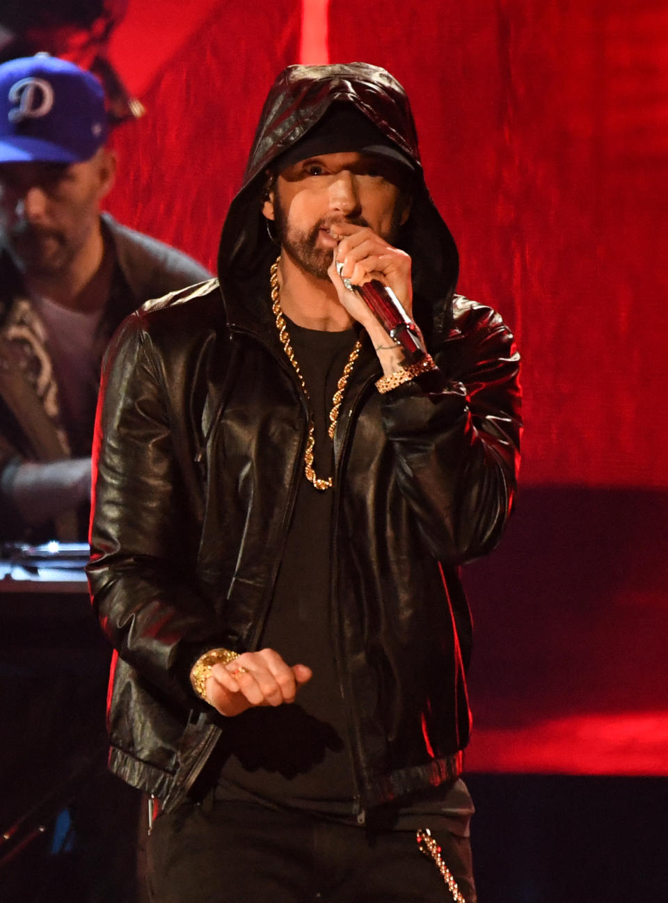 Eminem performs on stage during the 37th Annual Rock and Roll Hall of Fame Induction Ceremony