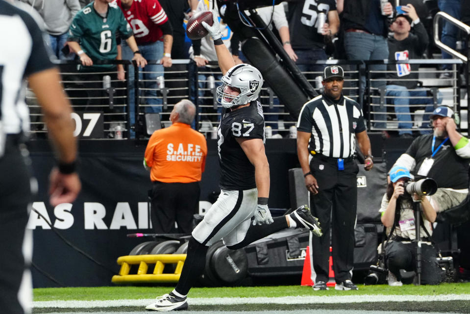 Dec 14, 2023; Paradise, Nevada, USA; Las Vegas Raiders tight end Michael Mayer (87) celebrates as he scores a touchdown in the second quarter against the Los Angeles Chargers at Allegiant Stadium. Mandatory Credit: Stephen R. Sylvanie-USA TODAY Sports