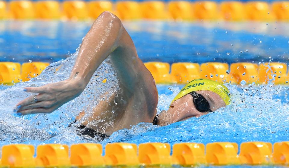 Australia's Madison Wilson competes in  the final of the women's 4x200m freestyle relay swimming event during the Tokyo 2020 Olympic Games at the Tokyo Aquatics Centre in Tokyo on July 29, 2021.