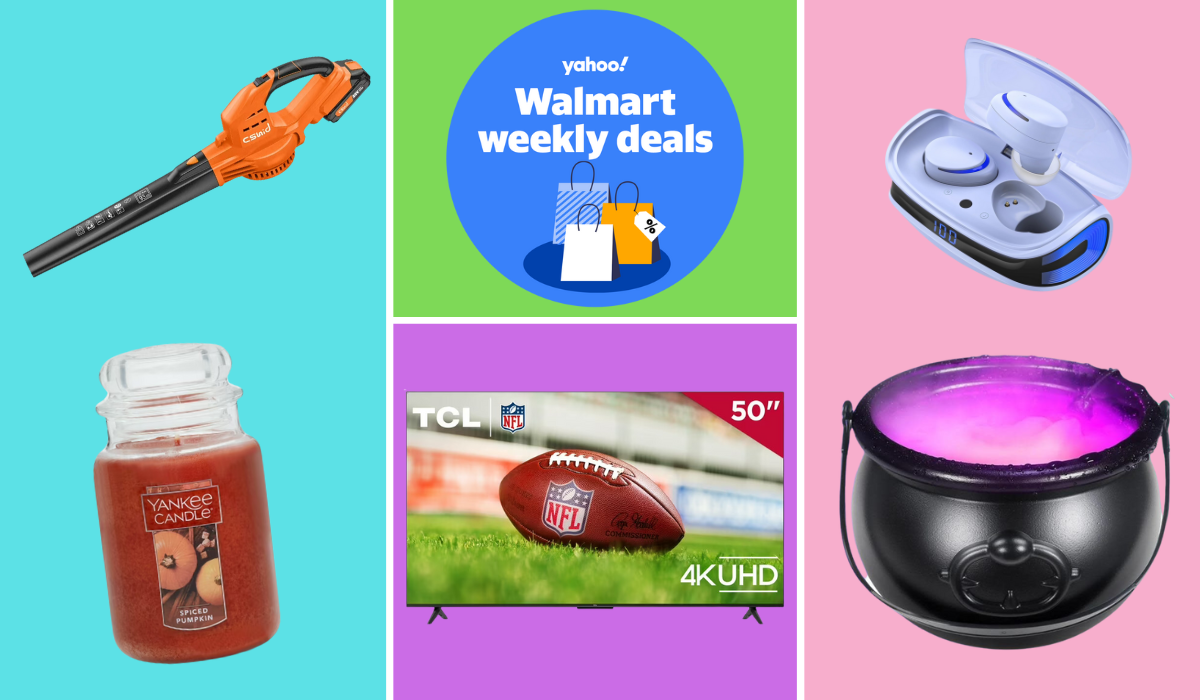 earbuds in case, Yankee Candle Spiced Pumpkin scent, TCL TV, leaf blower, cauldron with purple smoke beside badge reading Yahoo! Walmart weekend deals