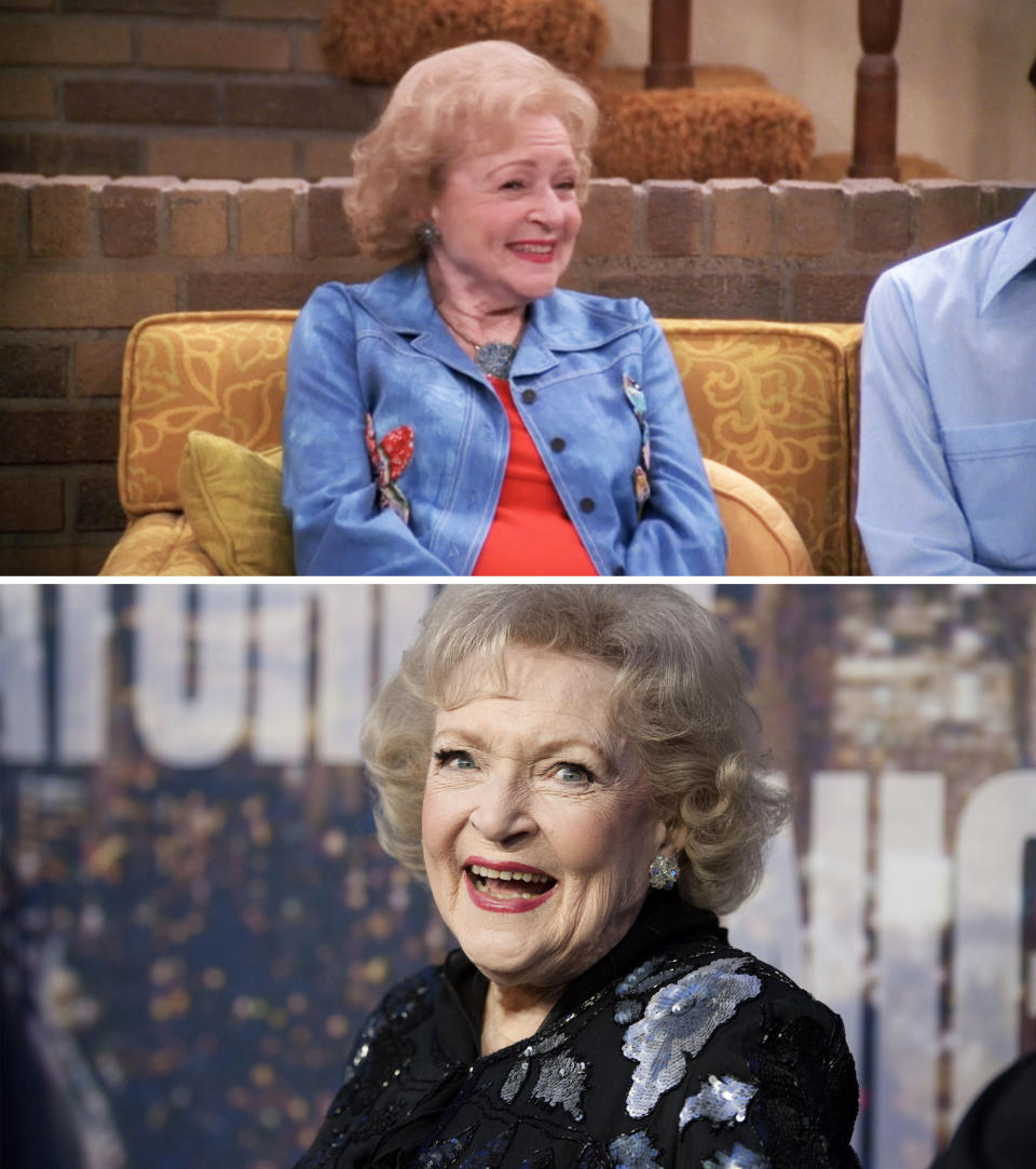 Betty smiling while sitting on a couch and in a close-up