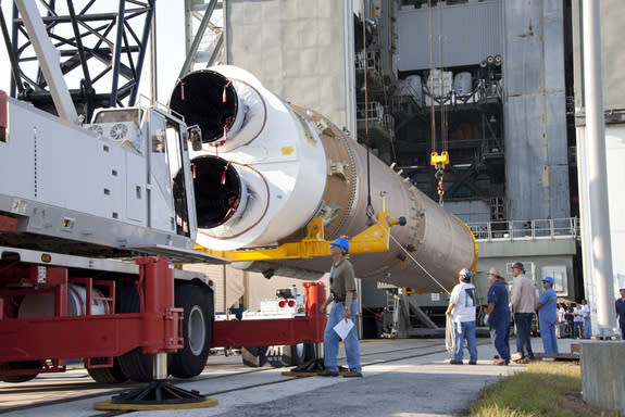 An RD-180 engine and Atlas 5 first stage arrive at the launch pad in Florida.