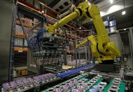 Robotic arms sort and load yogurts onto pallets at a distribution centre near Prague