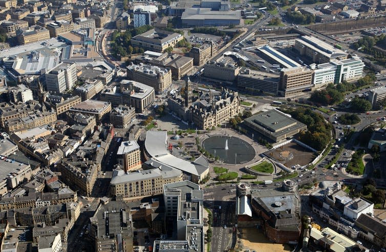 Aerial view of dense city buildings