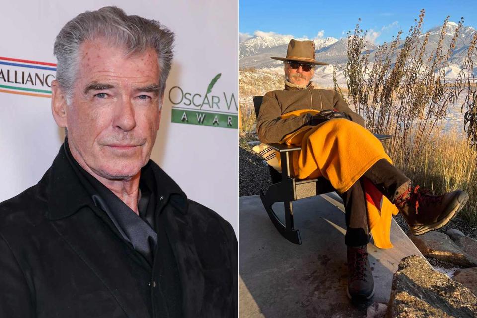 <p>JC Olivera/Variety via Getty Images; Pierce Brosnan/Instagram</p> Headshot of Pierce Brosnan (left) and Brosnan in a non-restricted area in Montana (right) 