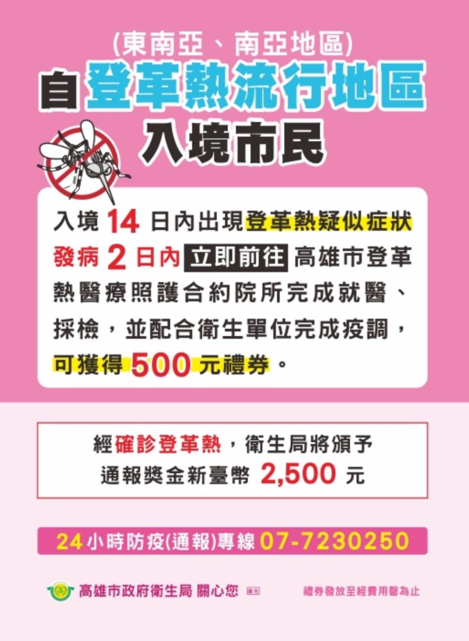 自登革熱流行地區入境市民獎勵措施。（圖：高雄市衛生局提供）