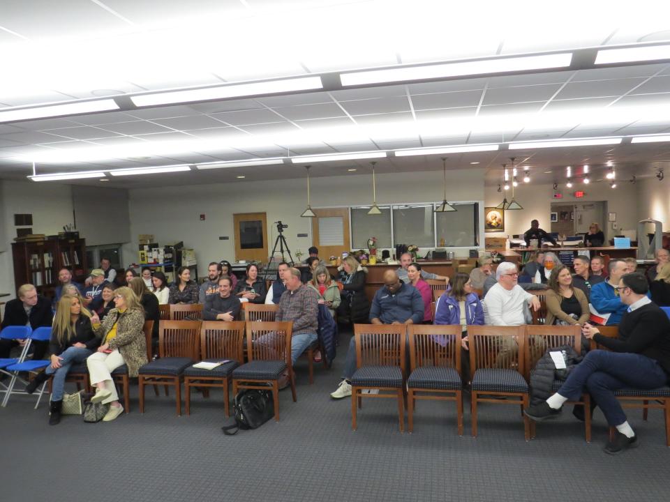 A crowd of mostly Boonton Township residents attend a meeting of the Mountain Lakes Board of Education to discuss a new shared-service agreement between the two districts.