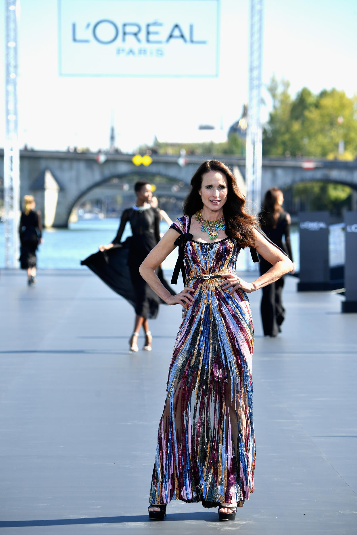 MacDowell wears a floor-length Elie Saab gown. (Photo: L’Oréal)