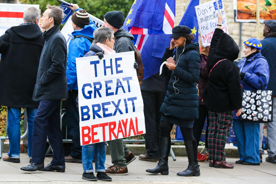 Up in the air: A protester seen holding a placard during a Brexit protest. Photo: Dinendra Haria/SOPA Images/LightRocket via Getty Images