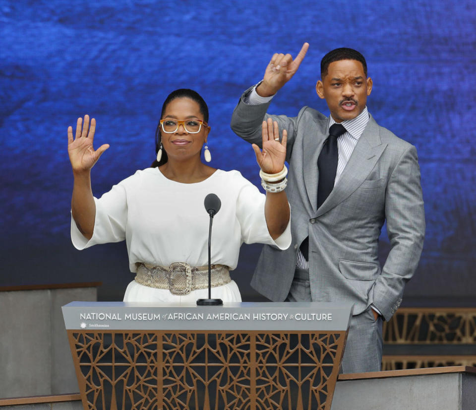 <p>Oprah Winfrey and Will Smith speak at the dedication ceremony for the Smithsonian Museum of African American History and Culture on the National Mall in Washington, Saturday, Sept. 24, 2016. (AP Photo/Pablo Martinez Monsivais)</p>