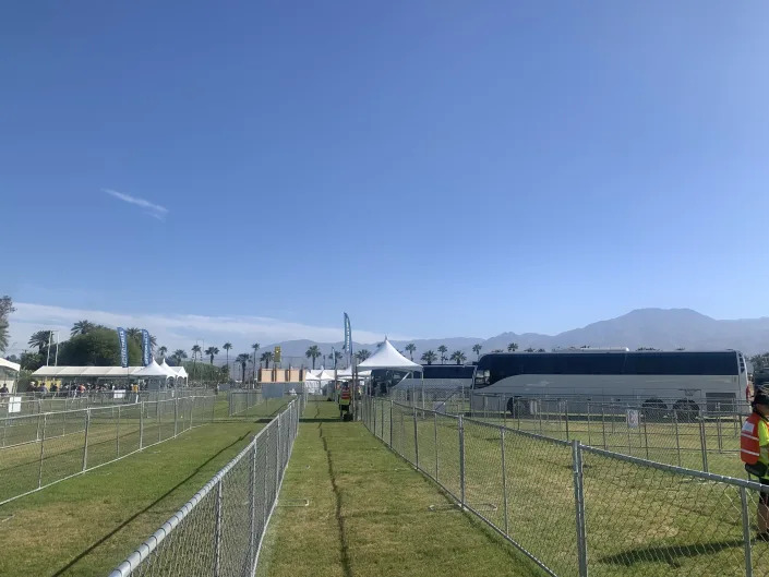 The fences separating hotel shuttles in the drop-off area at Coachella