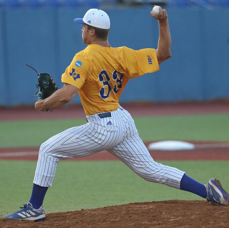 Angelo State University's Carson Childers gets ready to fire a pitch against West Texas A&M in the Lone Star Conference Baseball Tournament finals at Foster Field at 1st Community Credit Union Stadium on Saturday, May 14, 2022.