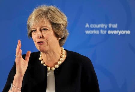 Prime Minister Theresa May delivers a speech at the British Academy in London, where she said that a new wave of grammar schools will end "selection by house price" and give every child the chance to go to a good school, in Britain September 9, 2016. REUTERS/Nick Ansell/Pool