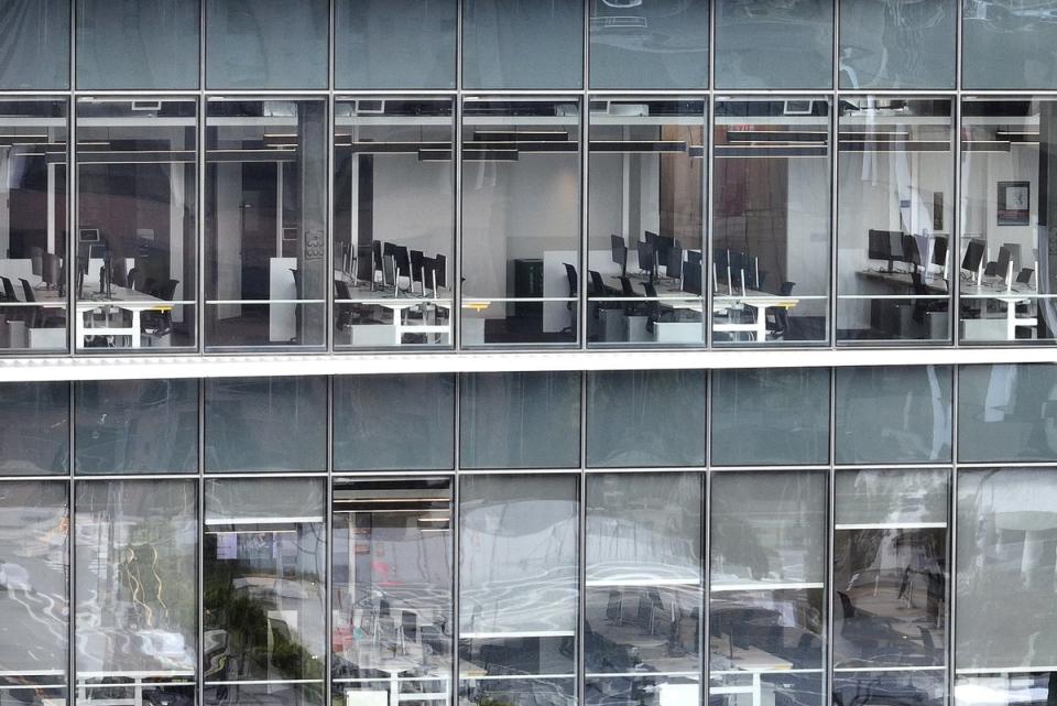 In an aerial view, empty offices are visible at the Uber office building in San Francisco, California in May 2023 (Getty Images)