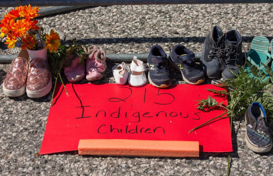 Part of the small memorial honoring the recently discovered mass grave at the Kamloops Residential School.