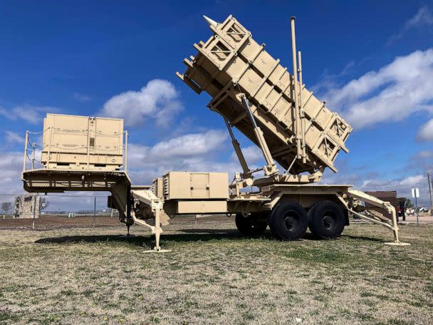PHOTO: A Patriot missile mobile launcher is displayed outside the Fort Sill Army Post near Lawton, Okla., March 21, 2023. (Sean Murphy/AP)