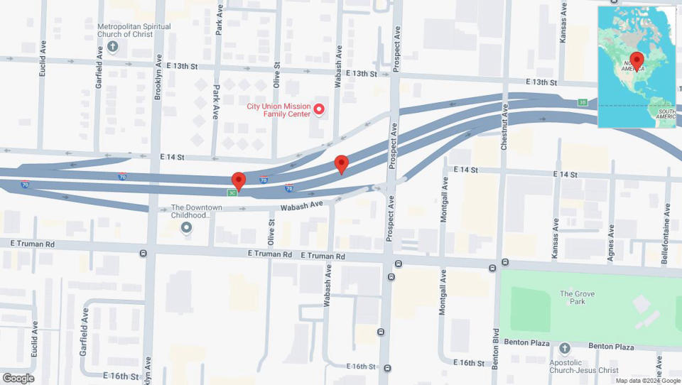 A detailed map that shows the affected road due to 'Broken down vehicle on eastbound I-70 in Kansas City' on September 17th at 4:13 p.m.