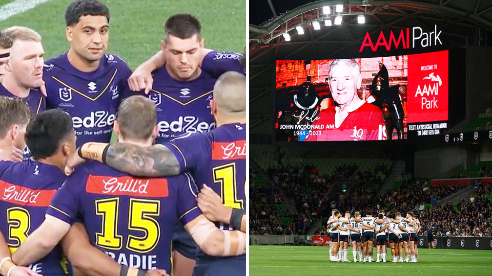 Storm and Roosters players during a moment of silence for John McDonald in the NRL.