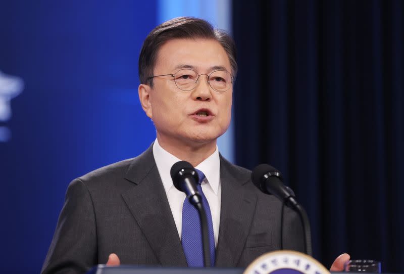 South Korean President Moon Jae-in delivers his speech during a news conference at the Presidential Blue House in Seoul