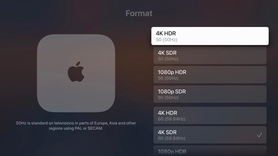 The Apple TV 4K screen resolution options.