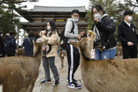 Chinese tourists wearing face masks visit famed Nara Park in Nara, western Japan, Wednesday, Jan. 29, 2020. Japan's health officials on Tuesday said that it has confirmed what could be the first human-to-human infection in the country. The first suspected person-to-person infection involves a male patient in his 60s from Nara, who has not traveled to Wuhan. The man, however, is a tour bus driver who served two groups of Chinese tourists from Wuhan from Jan. 8-16. (Nobuki Ito/Kyodo News via AP)