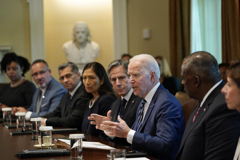President Biden addresses a meeting with his Cabinet at the White House in July last year, showing, from left, Deputy Director of the Office of Management and Budget Shalanda Young, Secretary of Education Miguel Cardona, Secretary of Health and Human Services Xavier Becerra, Secretary of the Interior Deb Haaland, Secretary of State Antony Blinken, Secretary of Defense Lloyd Austin and Secretary of Commerce Gina Raimondo.