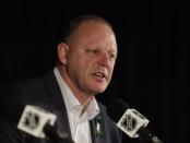 May 20, 2018; Winnipeg, Manitoba, CAN; Vegas Golden Knights head coach Gerard Gallant at a press conference after game five of the Western Conference Final of the 2018 Stanley Cup Playoffs against the Winnipeg Jets at Bell MTS Centre. Mandatory Credit: James Carey Lauder-USA TODAY Sports