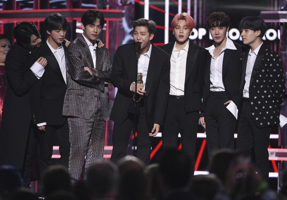 FILE - Korean pop band BTS accepts the award for top duo group at the Billboard Music Awards on May 1, 2019, in Las Vegas. “Dynamite,” the group’s first all-English song, debuted at No. 1 on the U.S. music charts this week, making BTS first Korean pop act to top the chart. (Photo by Chris Pizzello/Invision/AP, File)