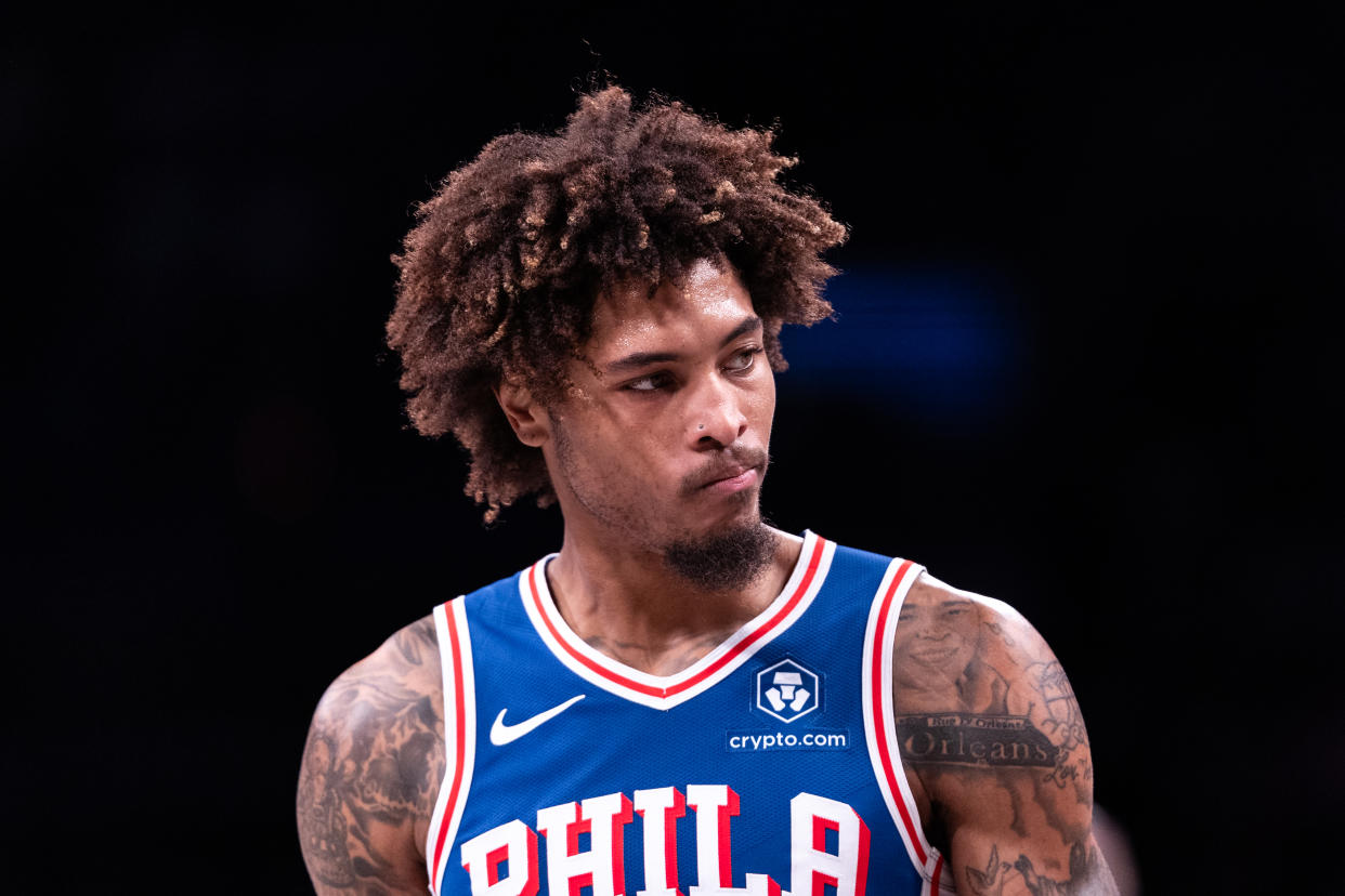 NEW YORK, NEW YORK - OCTOBER 16: Kelly Oubre Jr. #9 of the Philadelphia 76ers looks on during the second quarter of the preseason game against the Brooklyn Nets at Barclays Center on October 16, 2023 in New York City. NOTE TO USER: User expressly acknowledges and agrees that, by downloading and or using this photograph, User is consenting to the terms and conditions of the Getty Images License Agreement. (Photo by Dustin Satloff/Getty Images)